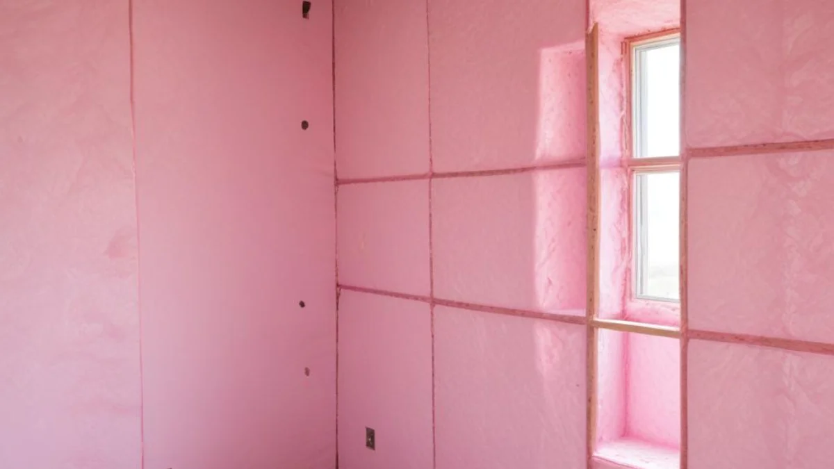 Pink fiberglass insulation fitted between the exposed wooden studs of an unfinished wall.