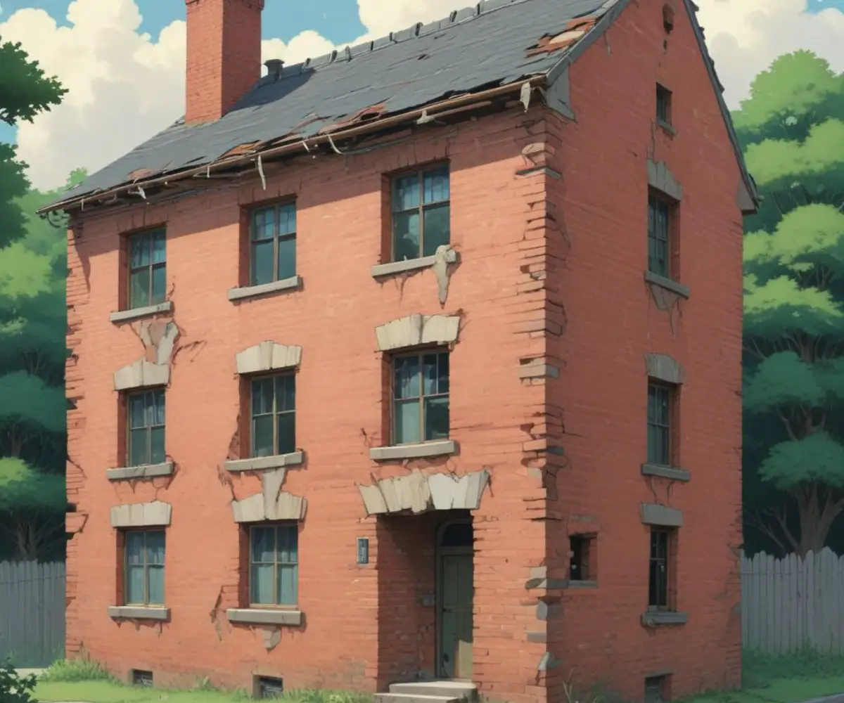A brick house with a severely cracked foundation and a large, visible diagonal crack running up the exterior wall.