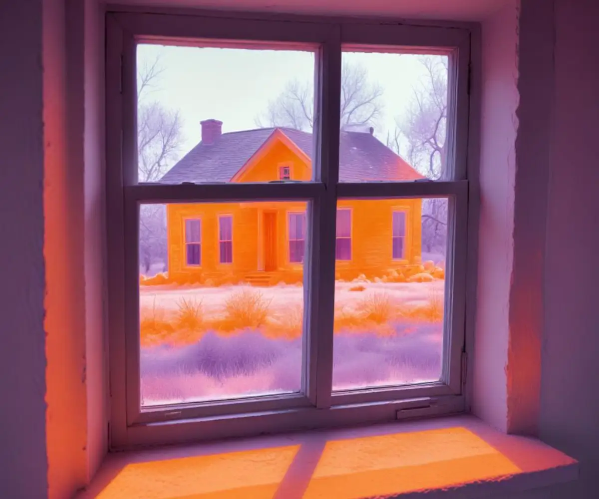 Infrared thermal image showing heat loss around a residential window frame.