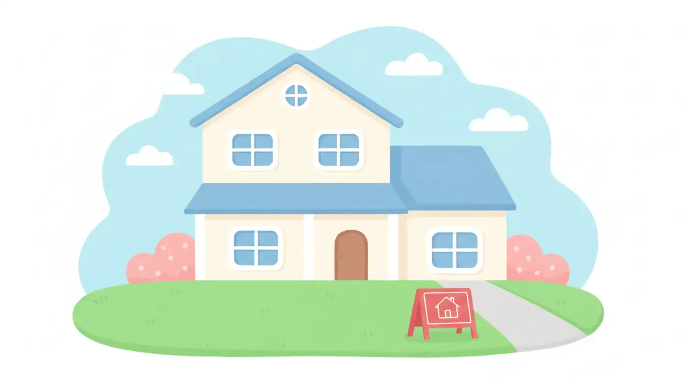 A two-story suburban home with a manicured lawn and a red 'For Sale' sign near the sidewalk.