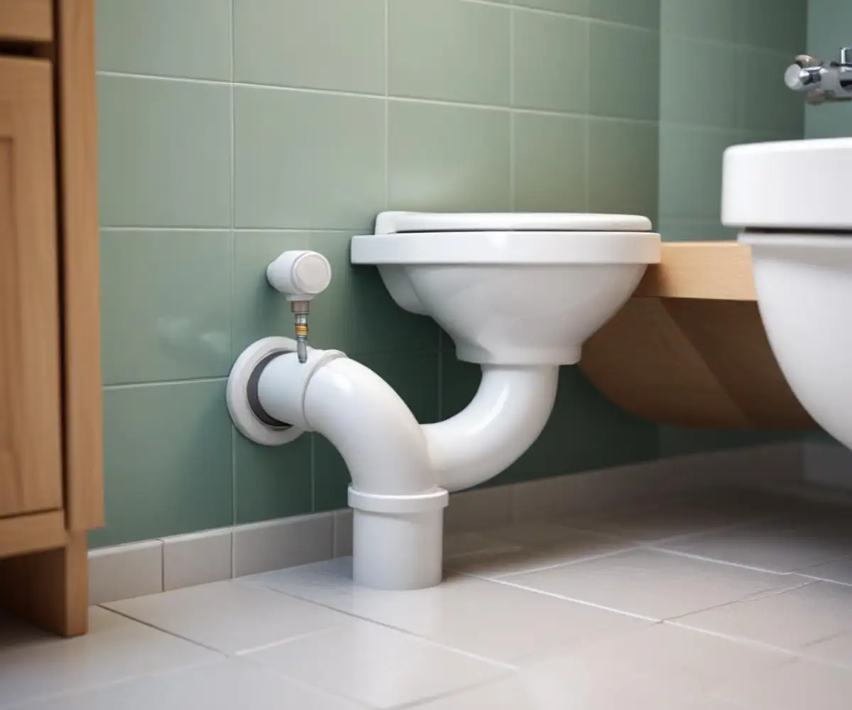 A white PVC P-trap pipe under a bathroom sink with the water trap visibly empty.
