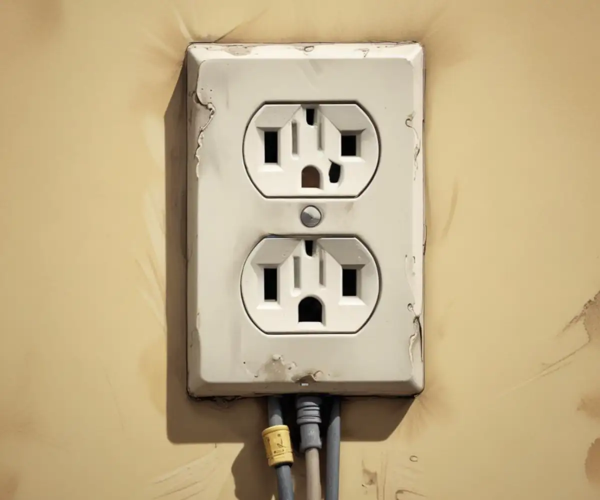 Close-up of a singed and discolored electrical wall outlet.