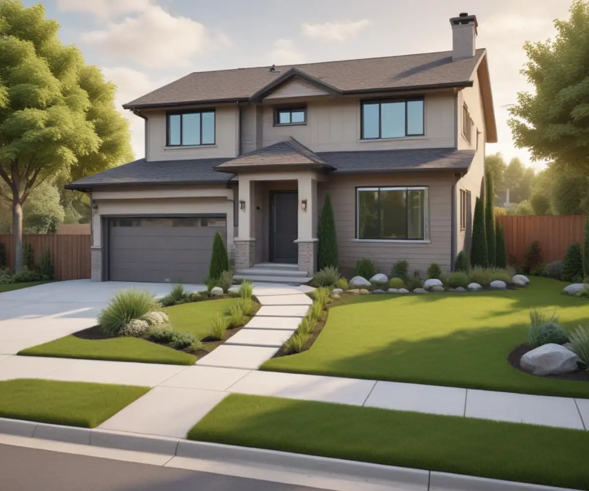 A modern two-story house with a manicured front lawn situated very close to the asphalt of a multi-lane road.