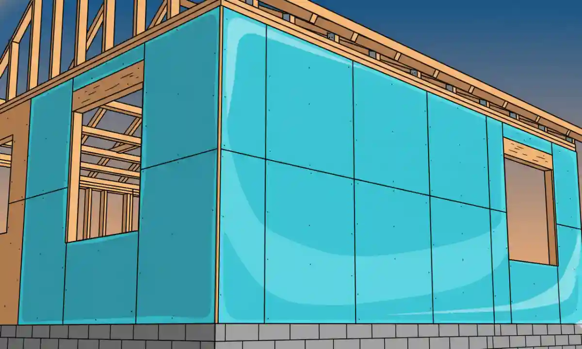 Exterior wall sheathing of a house under construction, with a seamless, fluid-applied weather-resistant barrier protecting the structure.