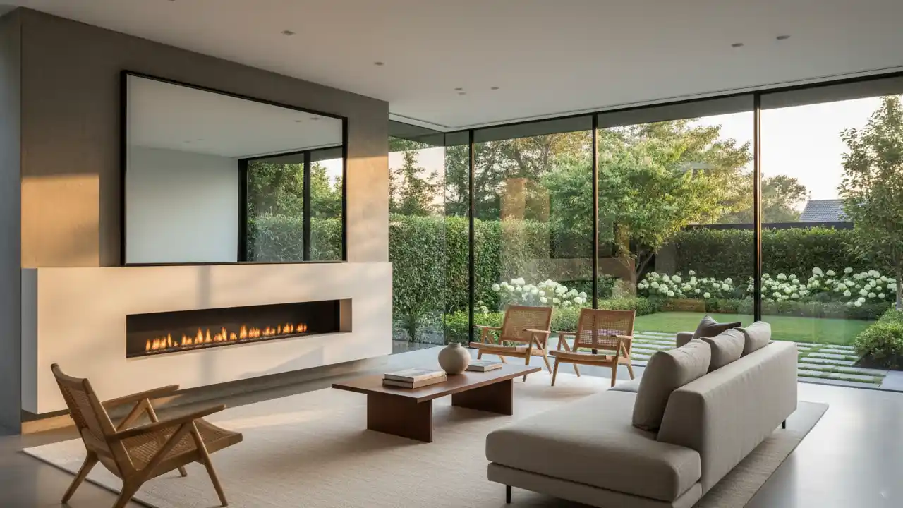 A modern living room with a sleek fireplace, minimalist furniture, and large windows overlooking a garden.
