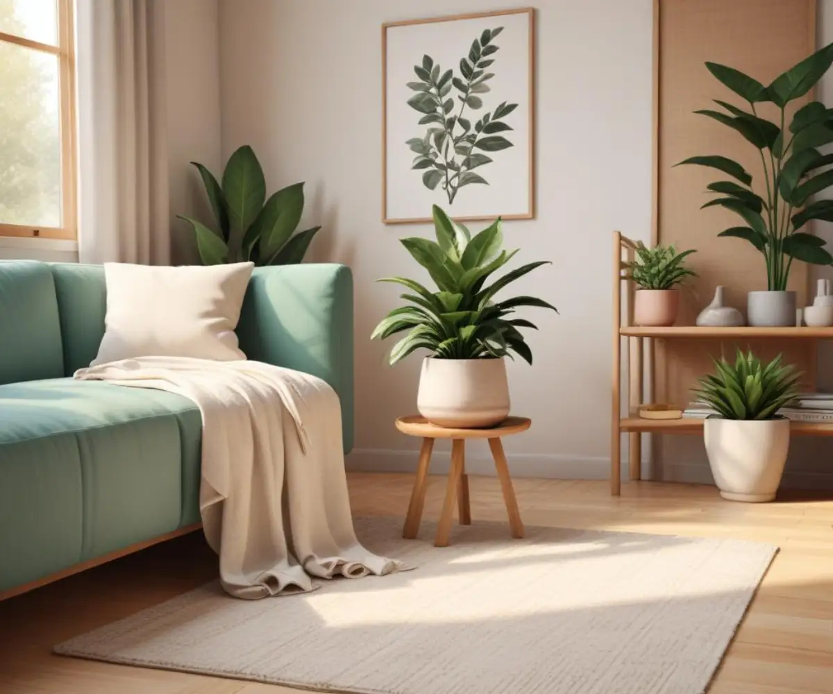 A curated collection of modern home decor items, including a ceramic vase, a textured throw pillow, and a small potted plant, arranged on a light wood surface.