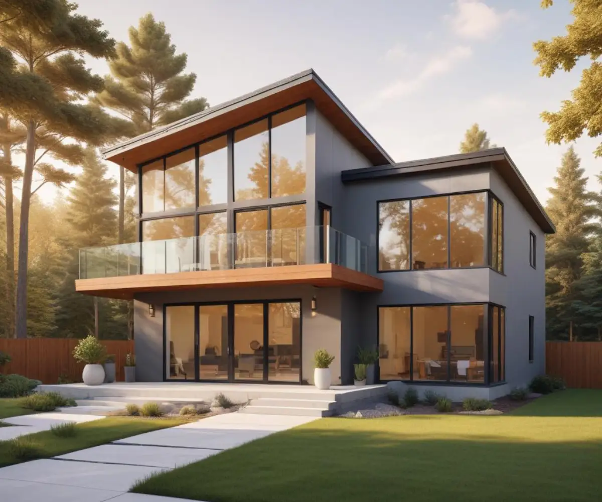 Exterior of a modern, newly constructed home with large windows and a minimalist front yard.