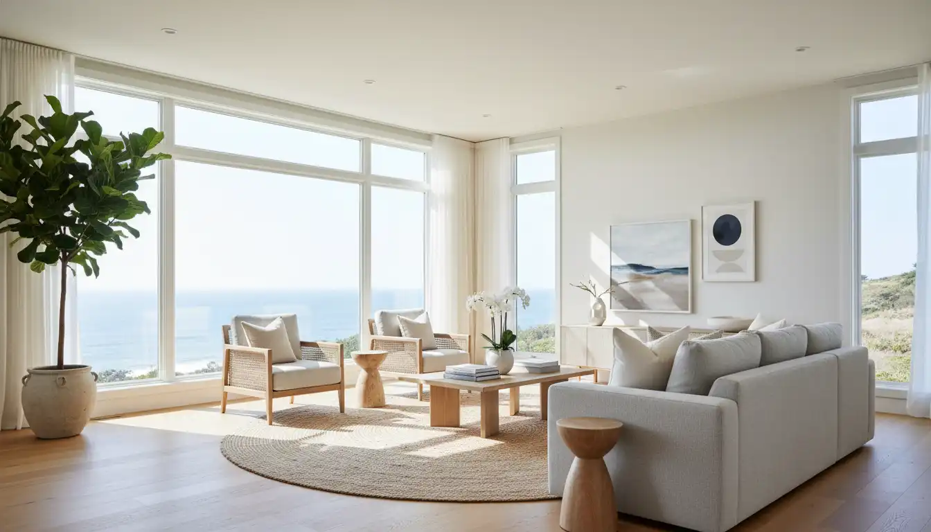 Bright and airy living room of a modern vacation rental with neutral-toned furniture and large windows.