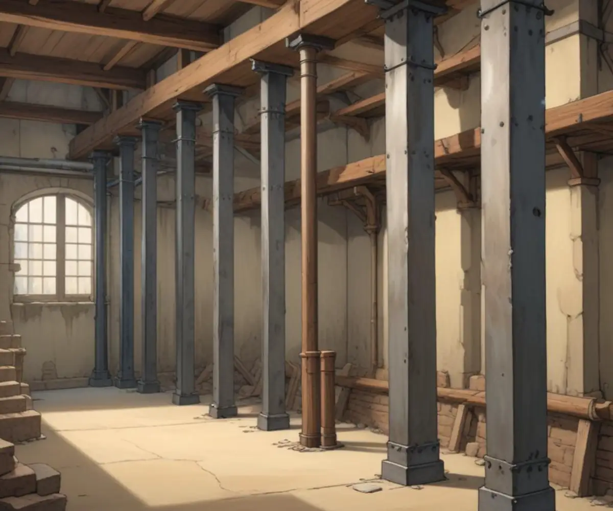 A series of adjustable steel lally columns supporting a wooden beam in an unfinished basement.