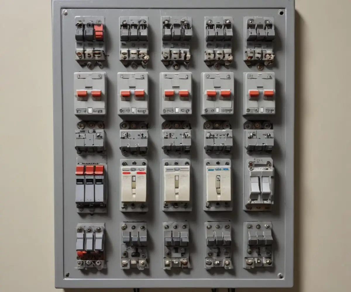 A gray metal electrical panel with circuit breakers mounted on a residential wall.