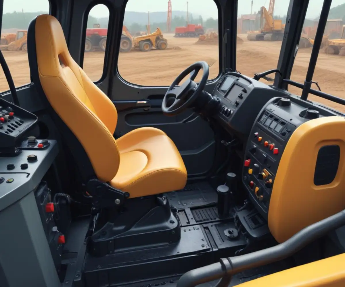 Joysticks, pedals, and control levers inside the cab of a compact mini excavator on a construction site.