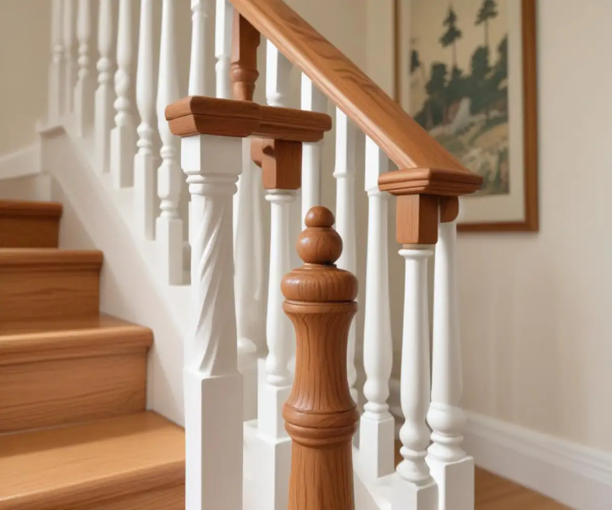 A close-up of a solid oak newel post and white wooden balusters on a staircase with a stained handrail.