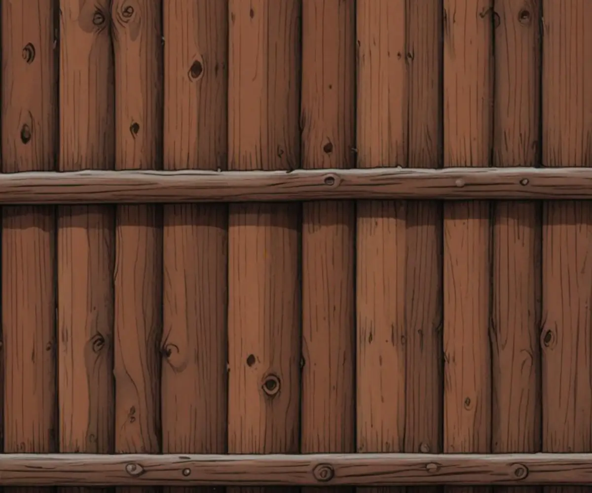 A close-up view of a wooden fence with a rich, dark stain, showing the wood grain detail.