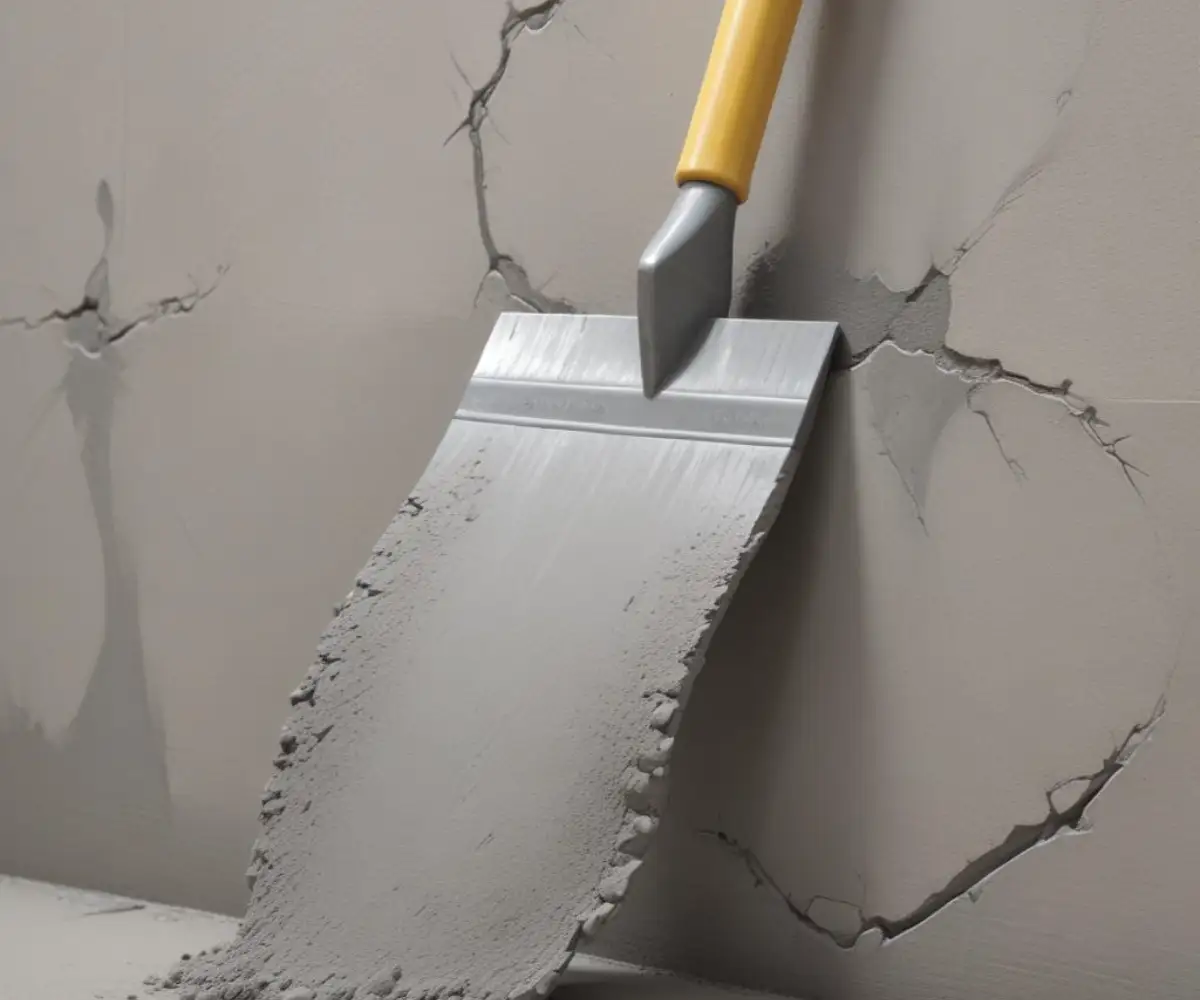 A close-up view of a trowel smoothing a fresh patch of gray hydraulic cement on a concrete wall crack.