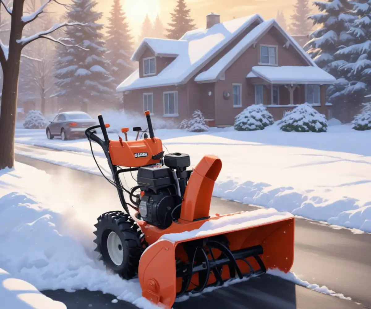 A two-stage gas snow blower clearing heavy snow from a paved residential driveway on a bright winter day.