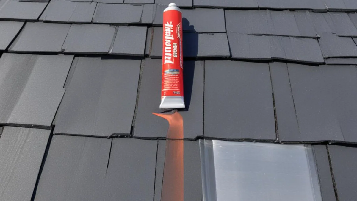 A bead of Loctite Roof & Flashing sealant curing on a metal roof seam against asphalt shingles.
