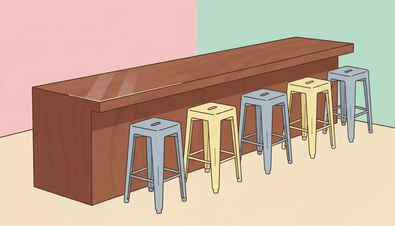 A long, polished dark wood bar with four empty, backless, metal bar stools evenly spaced.