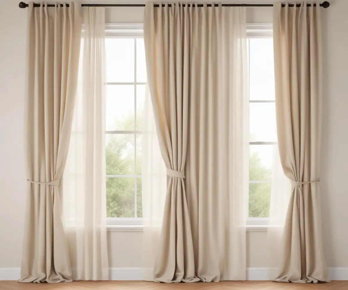 Three evenly spaced windows on a light-colored wall, each fitted with double curtain panels in a neutral fabric that hang from a single, long curtain rod.