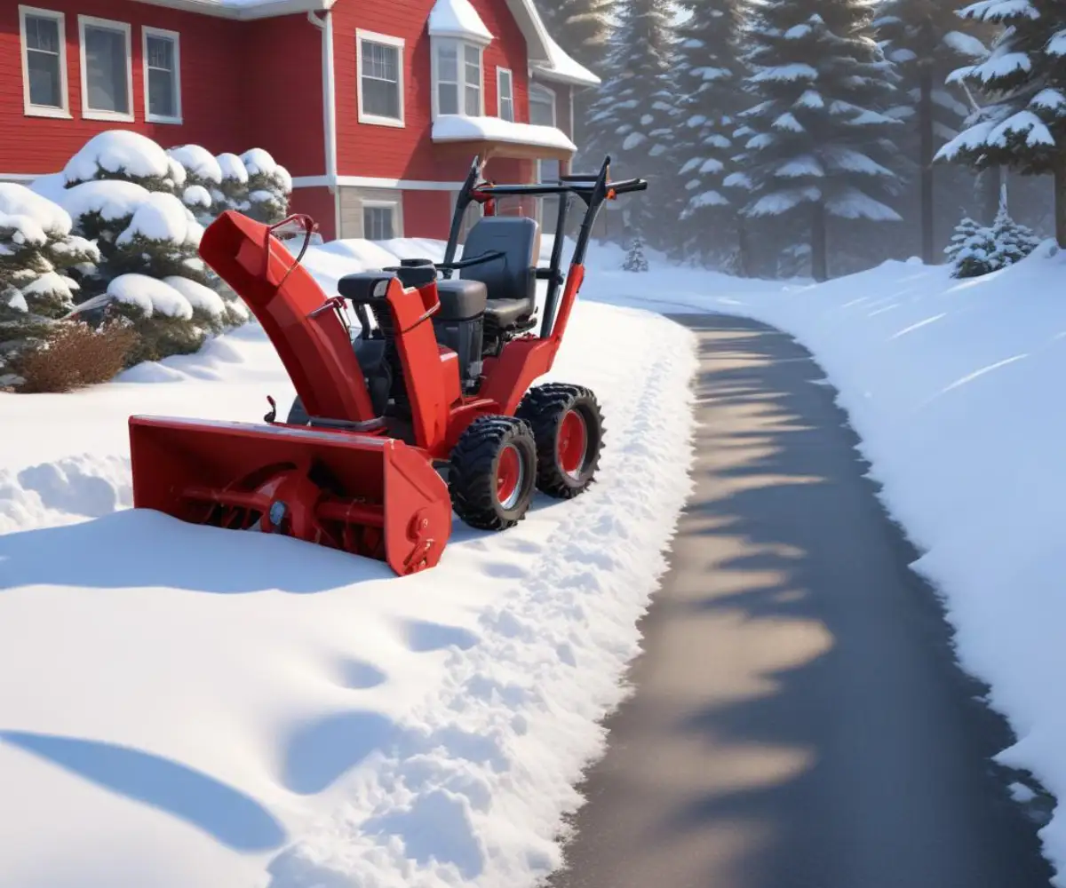A red two-stage snowblower clearing a path through a deep layer of fresh snow on a paved driveway.