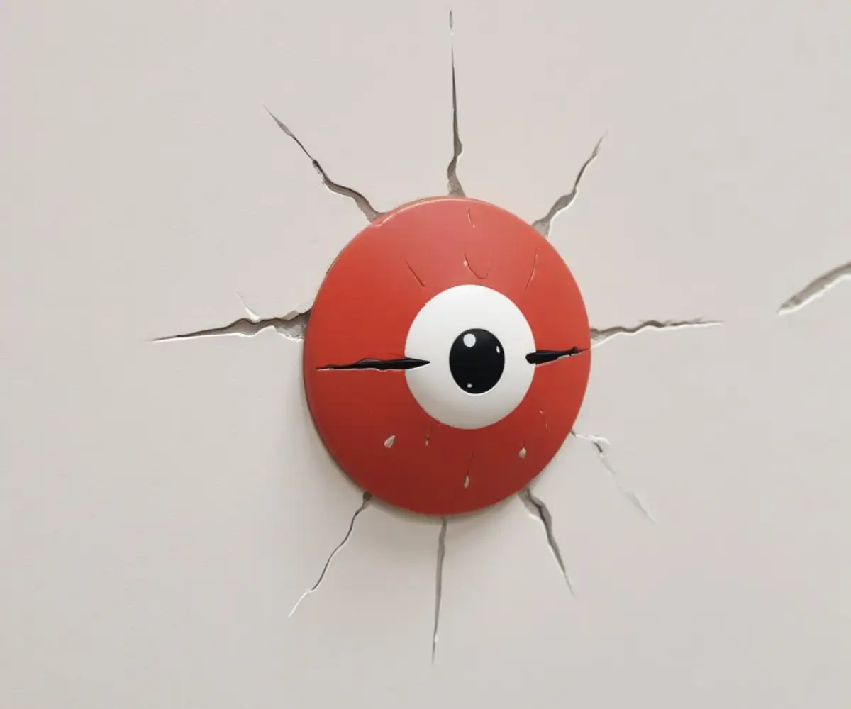 Close-up of a popped nail head creating a small bulge and a circular crack in the paint on a white wall.