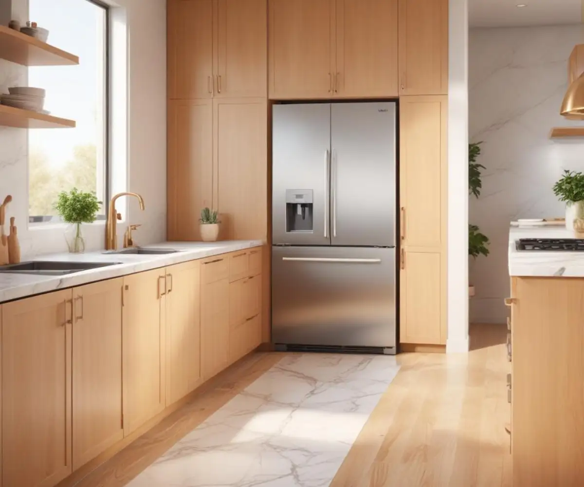 A seamless, panel-ready refrigerator integrated into light wood kitchen cabinetry under a white marble countertop.