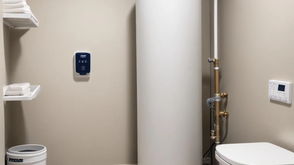 A sleek, white Maytag water softener system installed in a clean, modern basement utility room.
