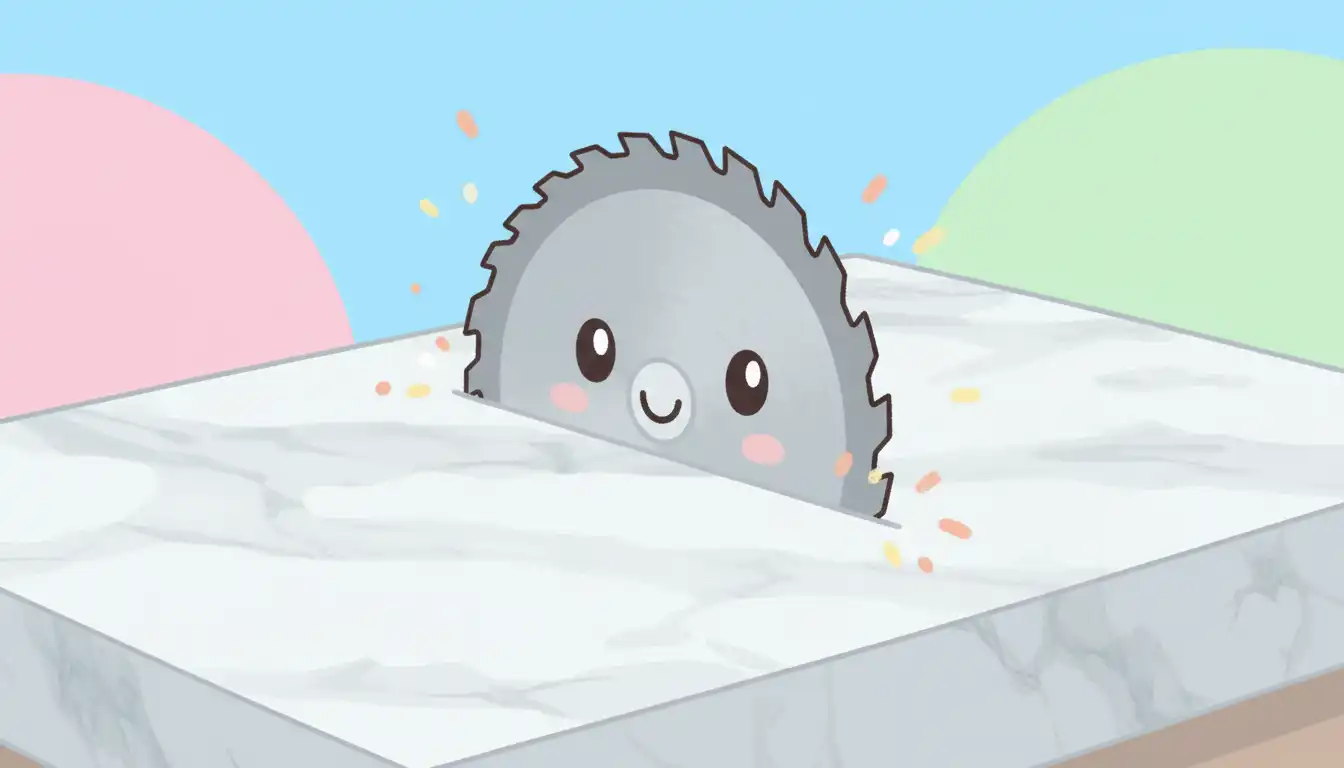 Close-up of a sharp diamond saw blade precision-cutting a slab of white Carrara marble.