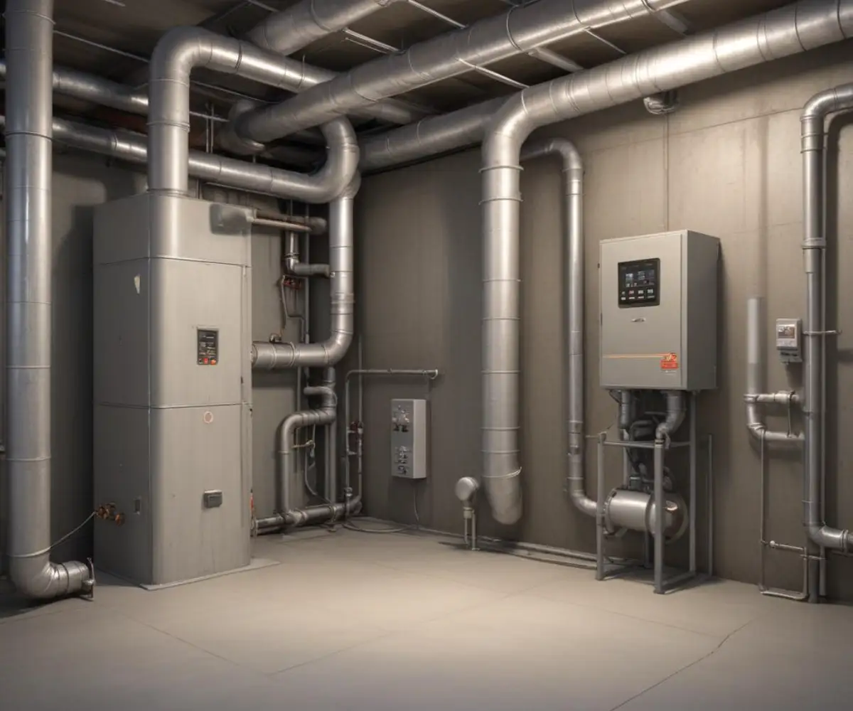 New HVAC furnace and metal ductwork system installed in an unfinished concrete basement.