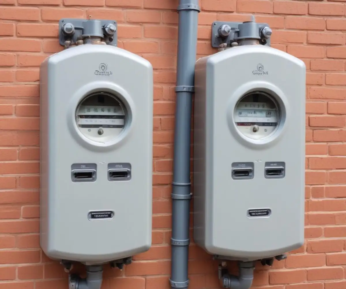 Two shiny, new residential natural gas meters installed on the exterior brick wall of a multi-unit building.
