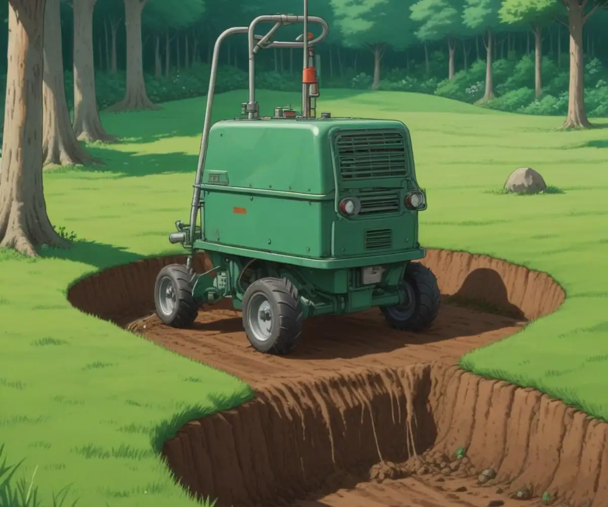 A specialized machine with a long, narrow probe penetrating the soil of a green lawn to aerate a septic drain field.
