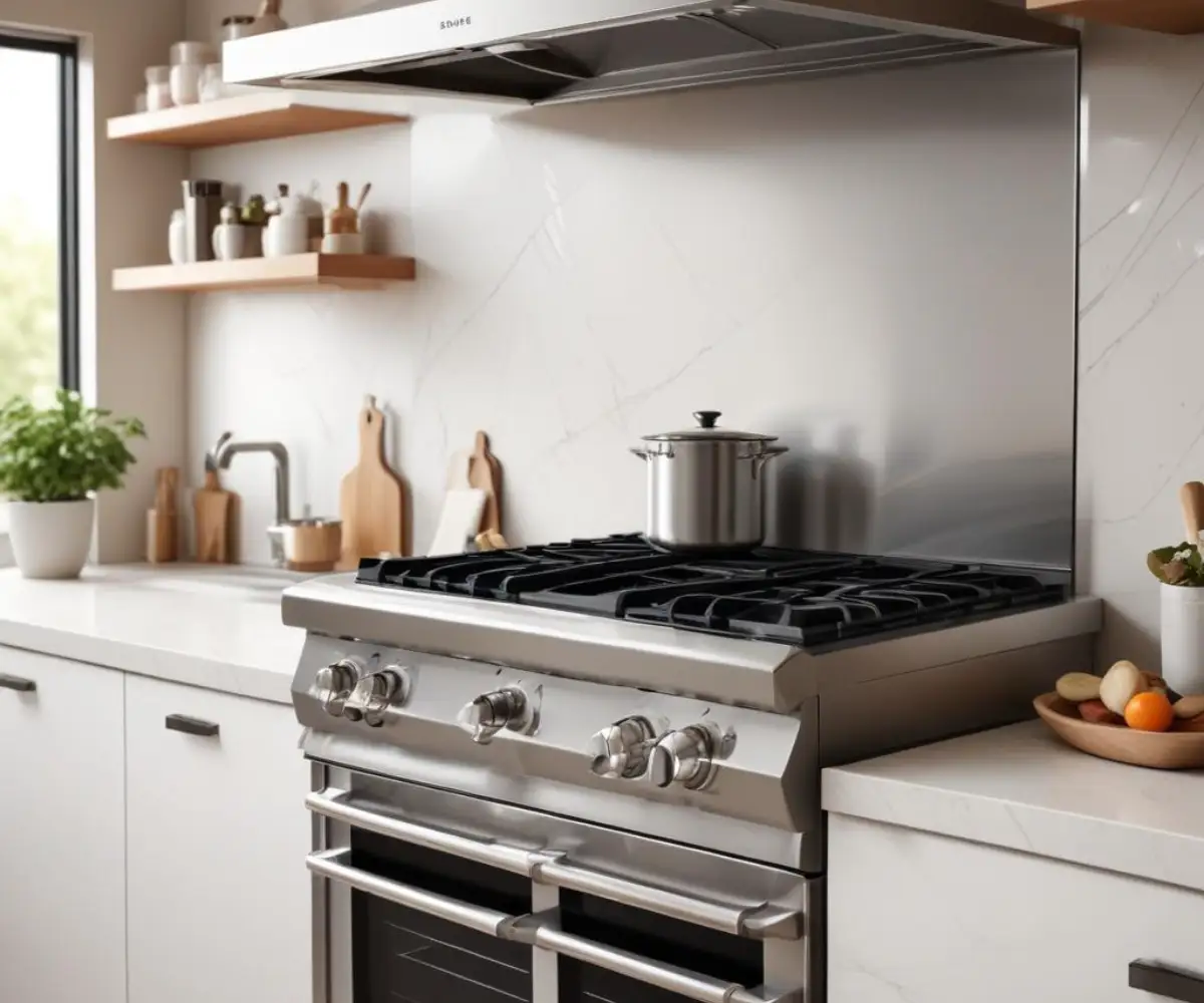 A close-up view of a stainless steel stove positioned next to a white quartz countertop, showing a minimal gap between them.