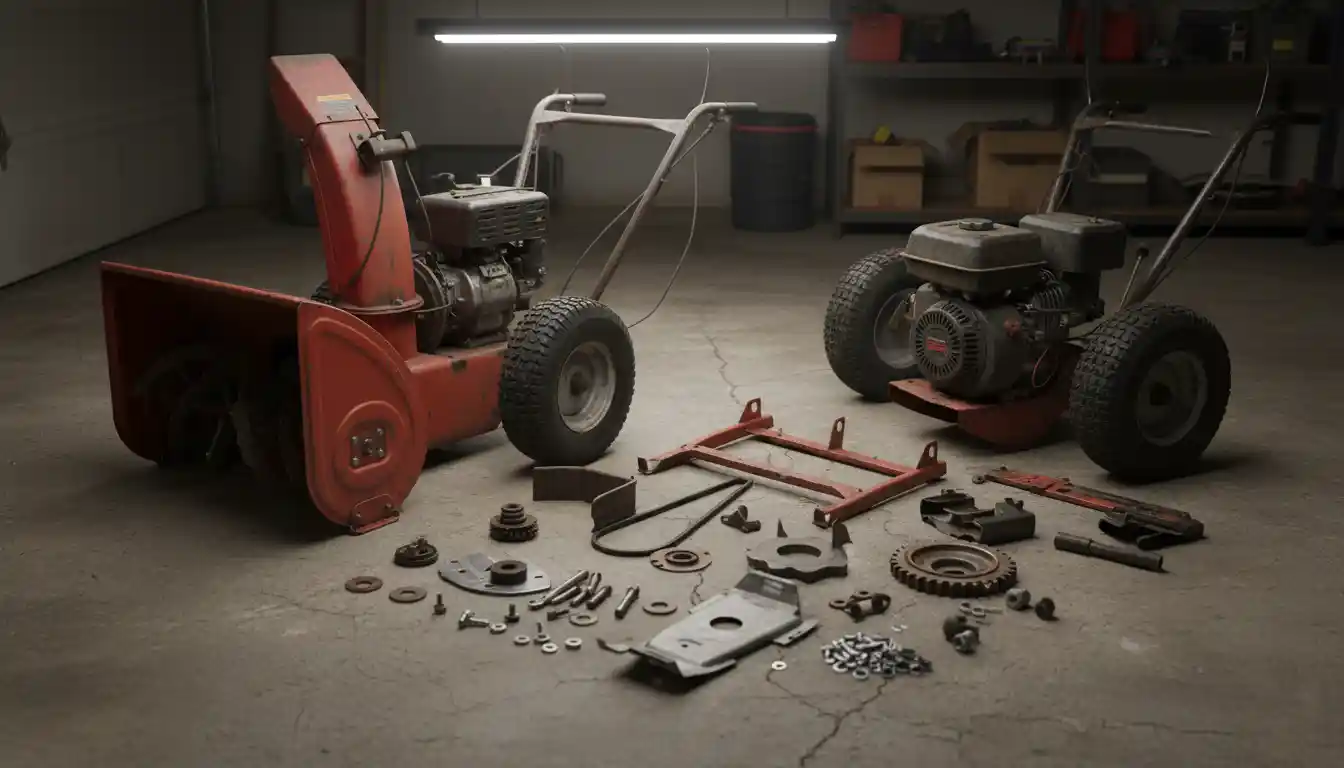 A disassembled red snow blower with its metal engine and auger parts laid out on a concrete floor.