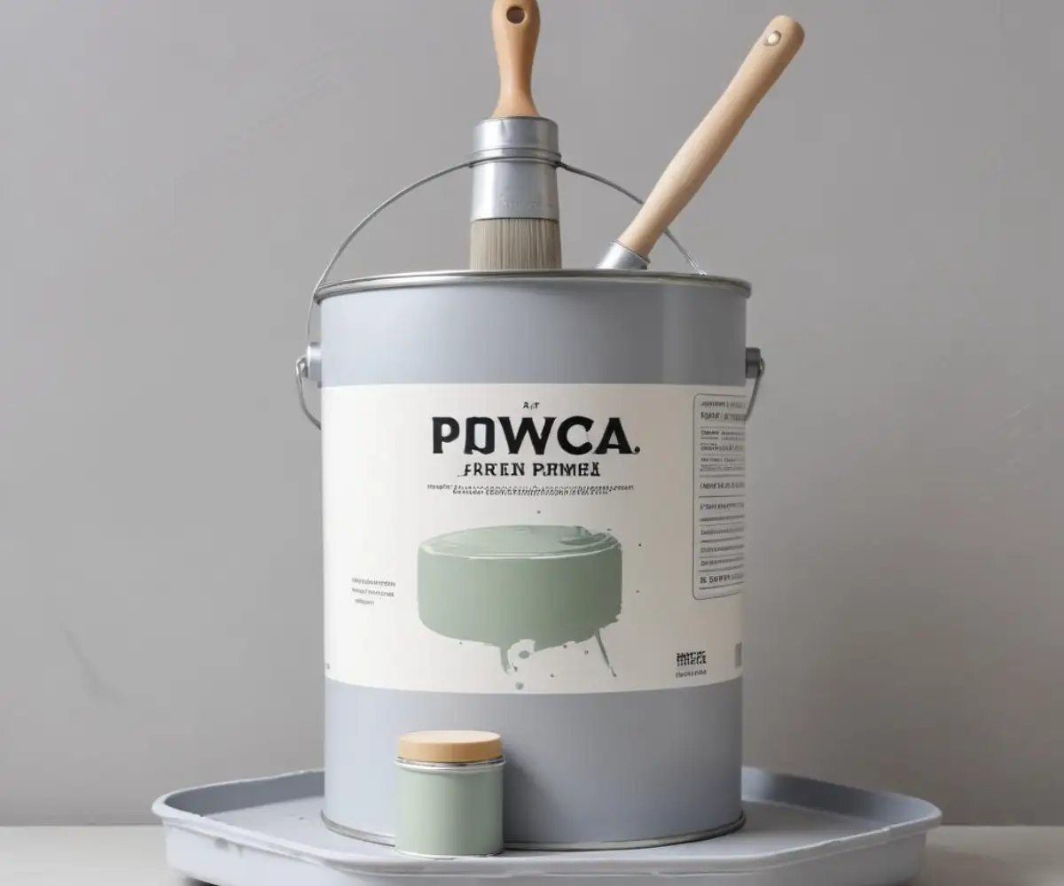 A gallon of PVA primer with a paint roller and tray sitting in front of a freshly primed, light gray wall.