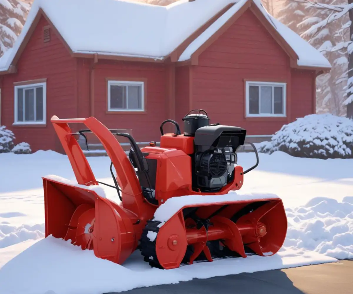 A red two-stage snowblower resting on a driveway with a light covering of fresh snow.