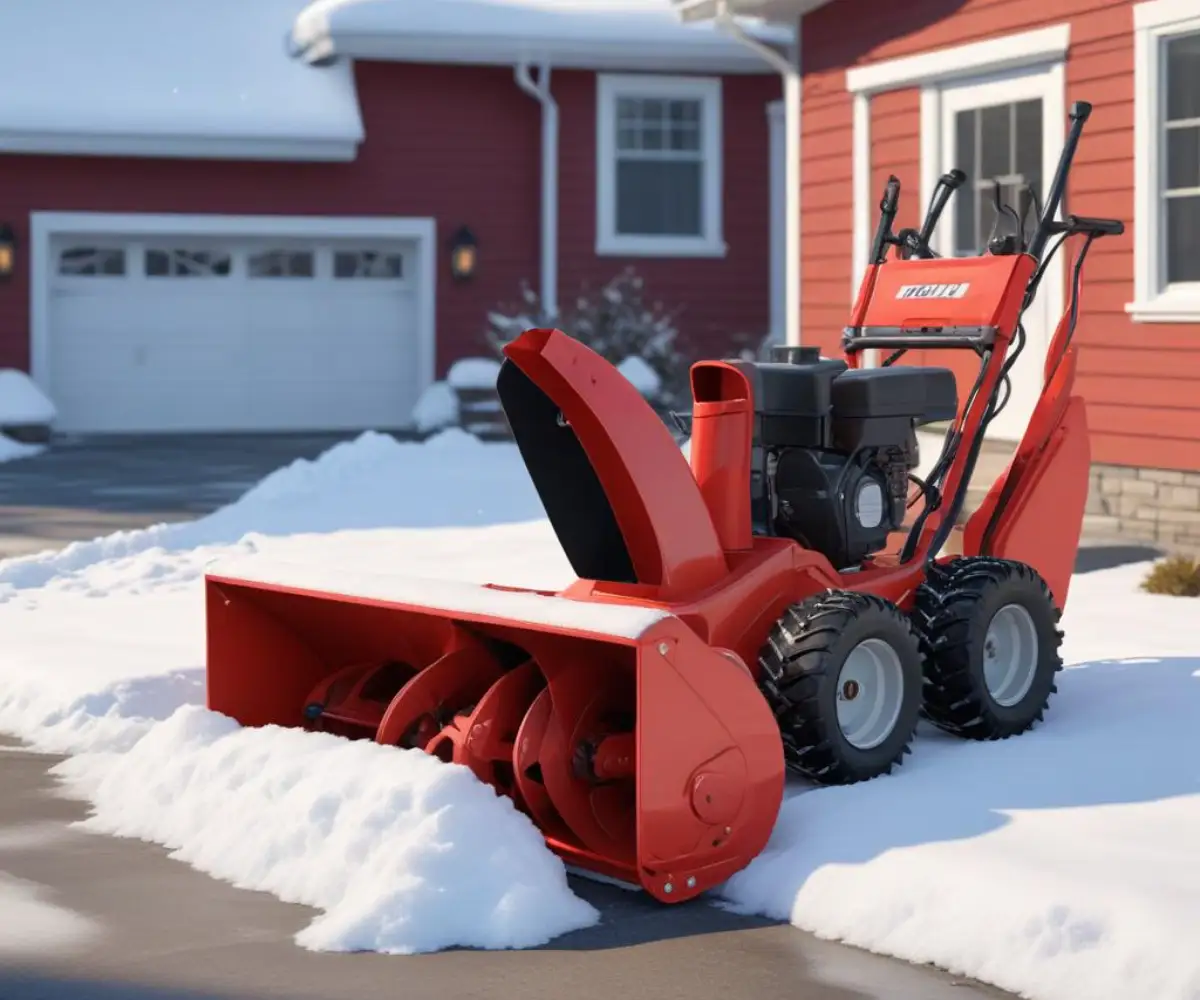 A red two-stage snow blower resting on a paved driveway covered in two inches of fresh snow.