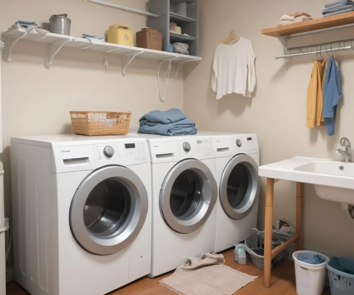 A white washing machine and clothes dryer in a laundry room with new plumbing hookups on the wall.