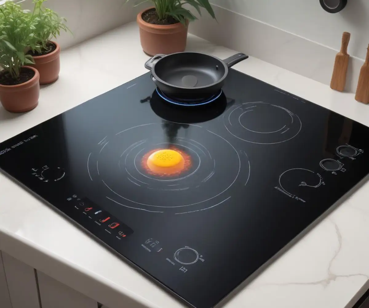 A sleek, black glass electric induction cooktop with four burners integrated into a white countertop.