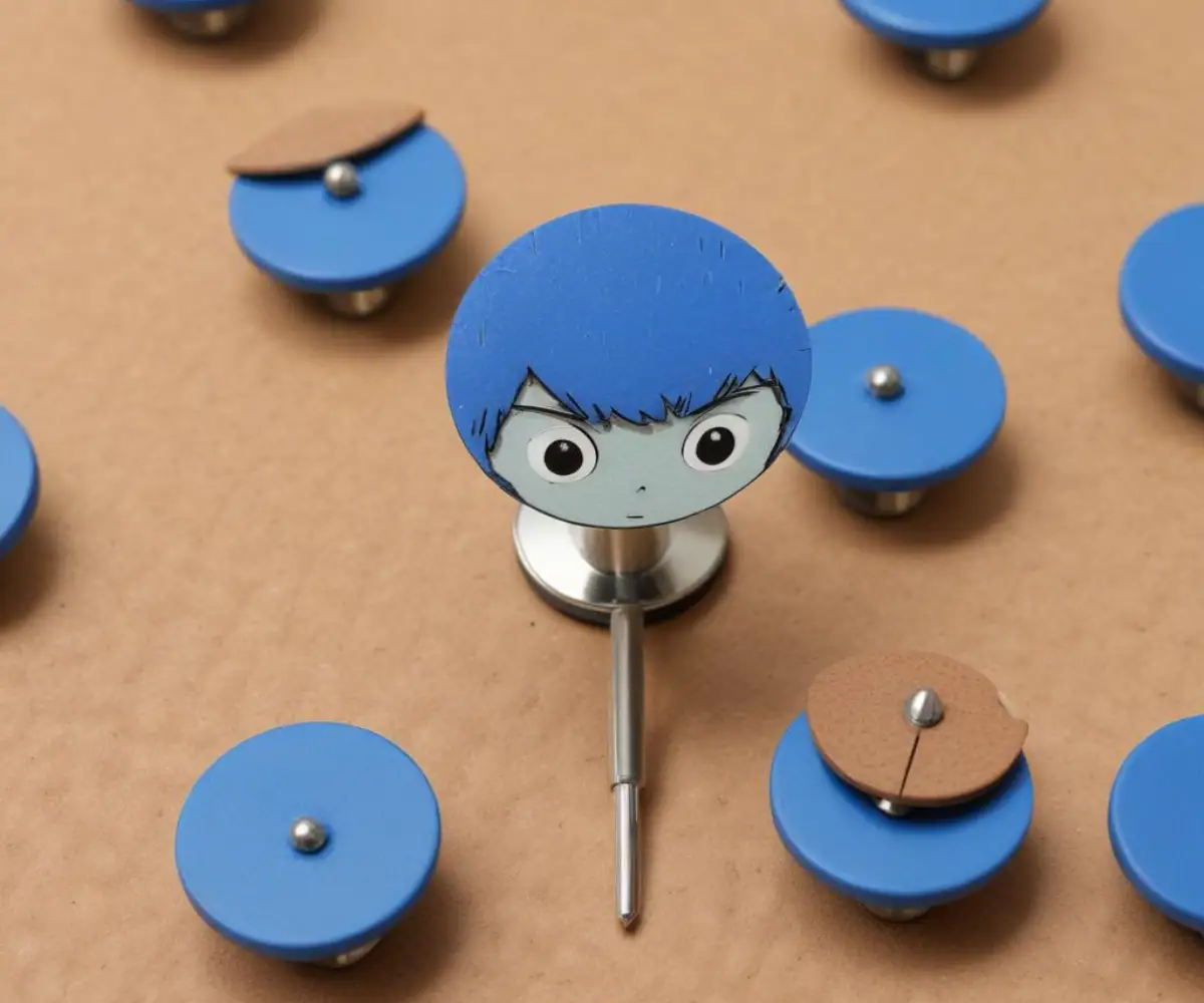 A metal thumbtack with a flat, round, blue plastic head pushed into a light brown corkboard.