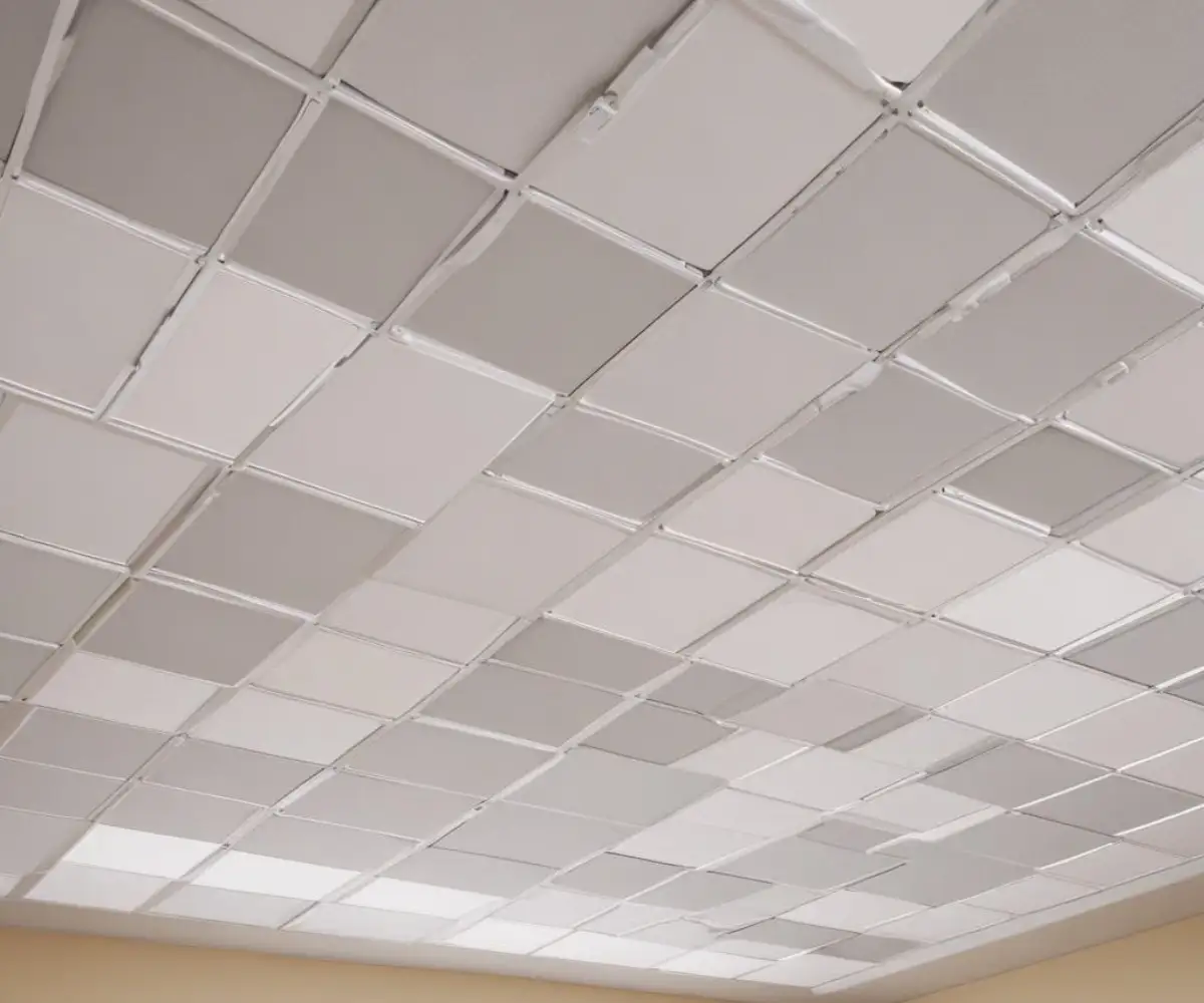 A close-up view of a white suspended ceiling grid system with acoustic tiles installed.