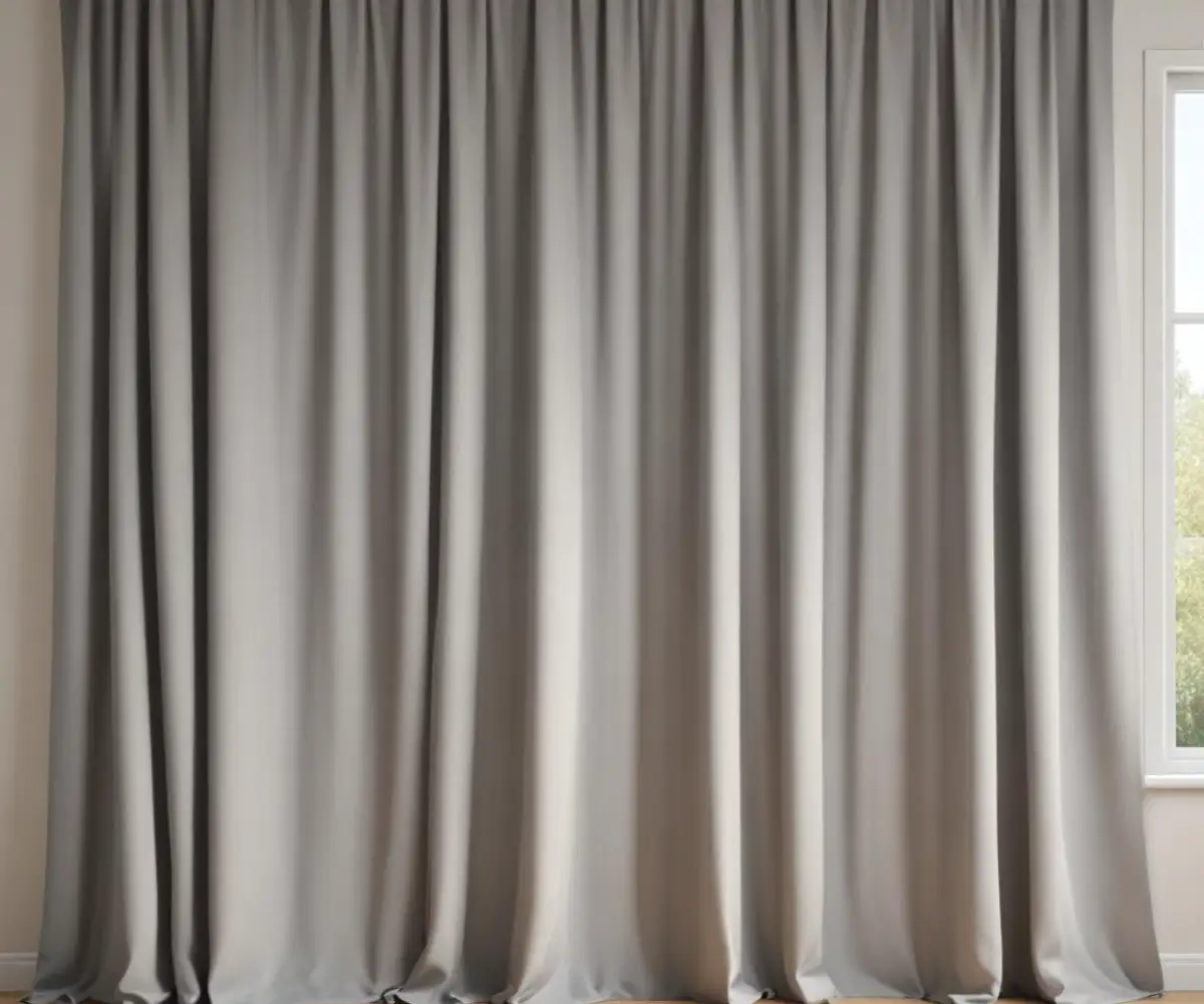 Evenly spaced, deep folds of a grey grommet curtain covering a window.
