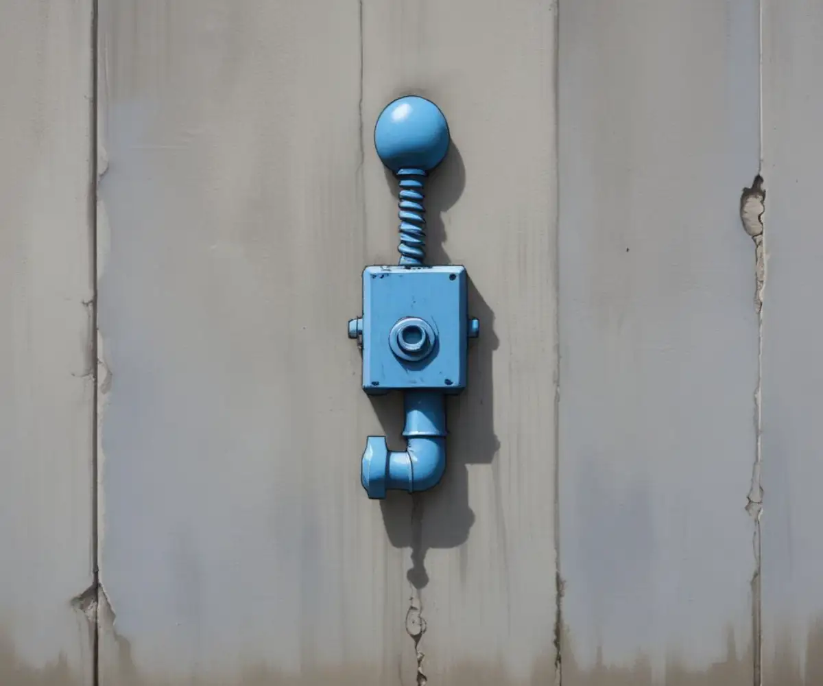 A blue concrete screw anchored securely into a gray concrete block wall.
