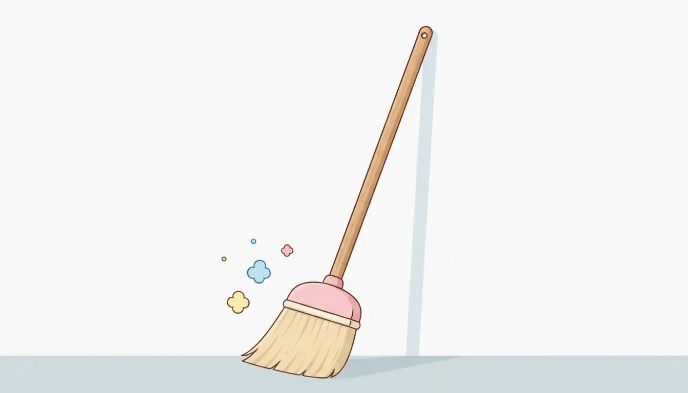 An upright angle broom with a long, light brown wooden handle and natural bristles leaning against a plain white wall.