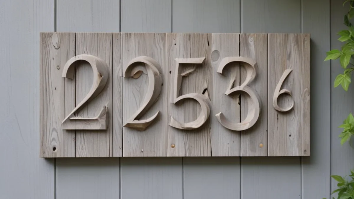 Modern floating house numbers mounted on a home with light gray vinyl siding.