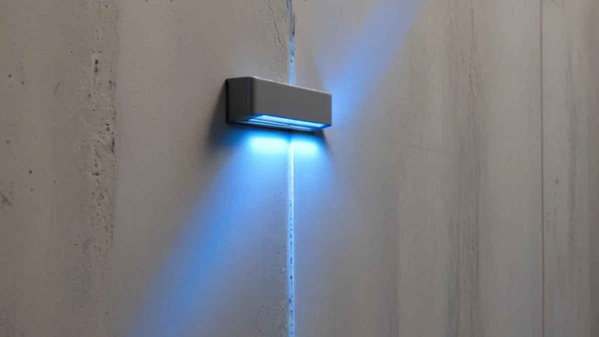 Close-up of a blue LED strip light affixed to a textured gray concrete wall with clear mounting clips.