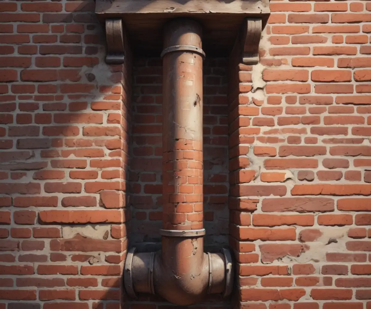 A sealed and capped-off chimney flue pipe extending from a brick wall.