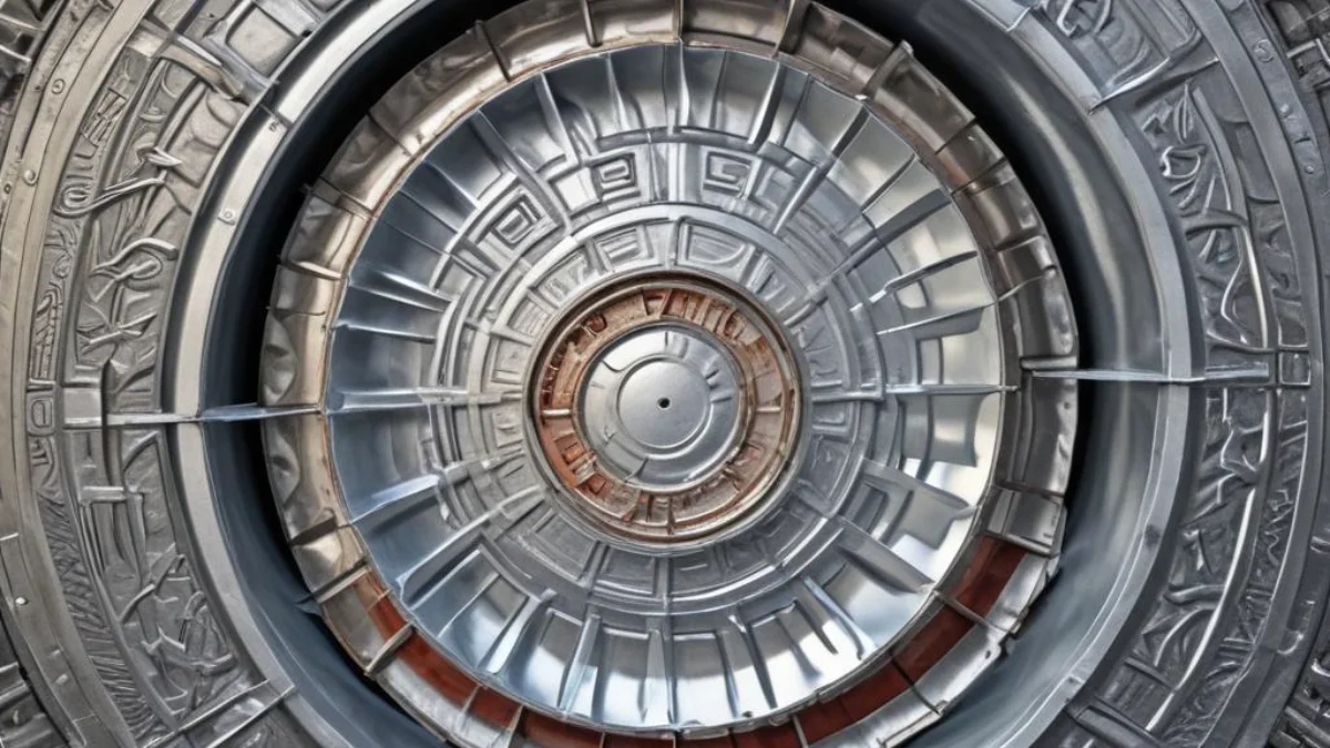 A circular HVAC duct sealed with a galvanized metal end cap and silver foil tape.