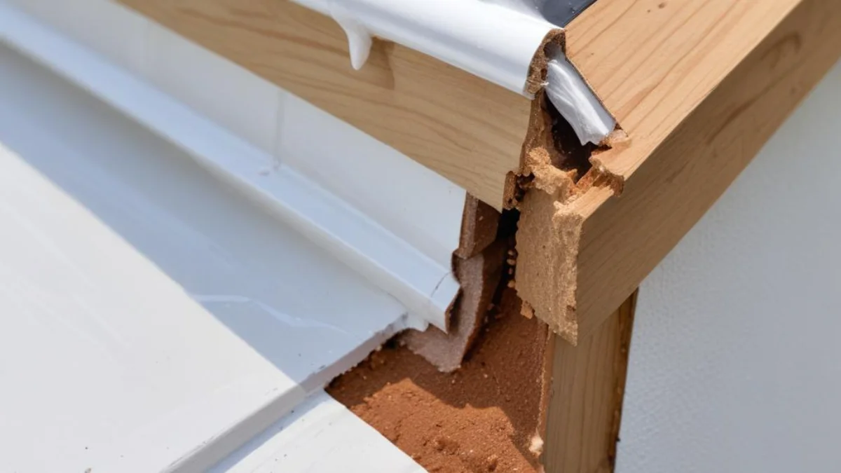 Freshly applied sealant creating a waterproof seal between a white gutter and a wooden fascia board.