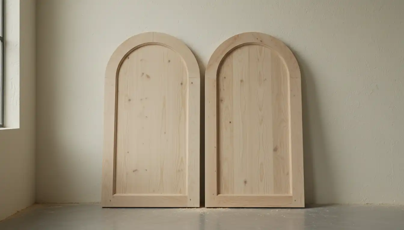 Unfinished cathedral-style wood cabinet doors with arched tops leaning against a neutral-colored wall.