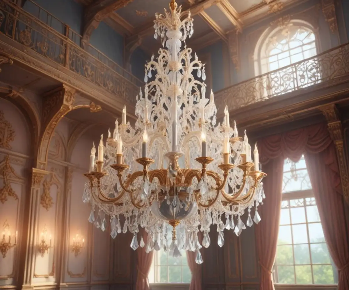A crystal chandelier hanging from a tall, ornate ceiling with a multi-level scaffolding structure positioned underneath.