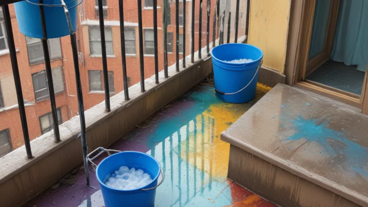 A long-handled scrub brush and a bucket of soapy water on the wet floor of a second-floor balcony.